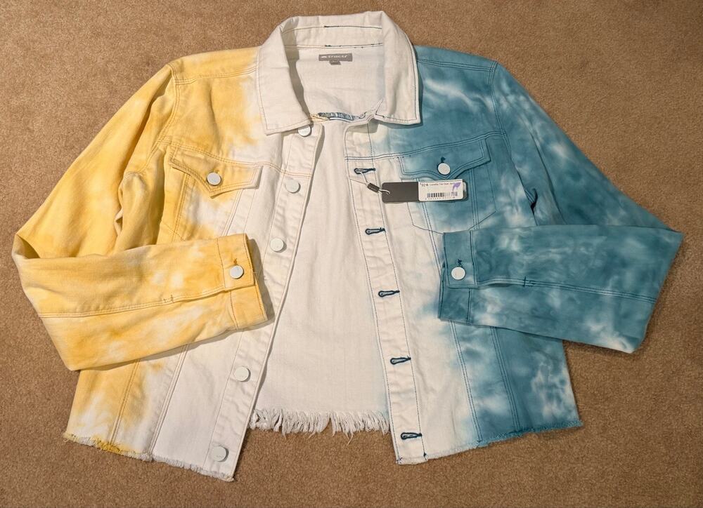 Tractr Loretta Tie Dye Denim Jacket Women's Size Large Blue Yellow NWT